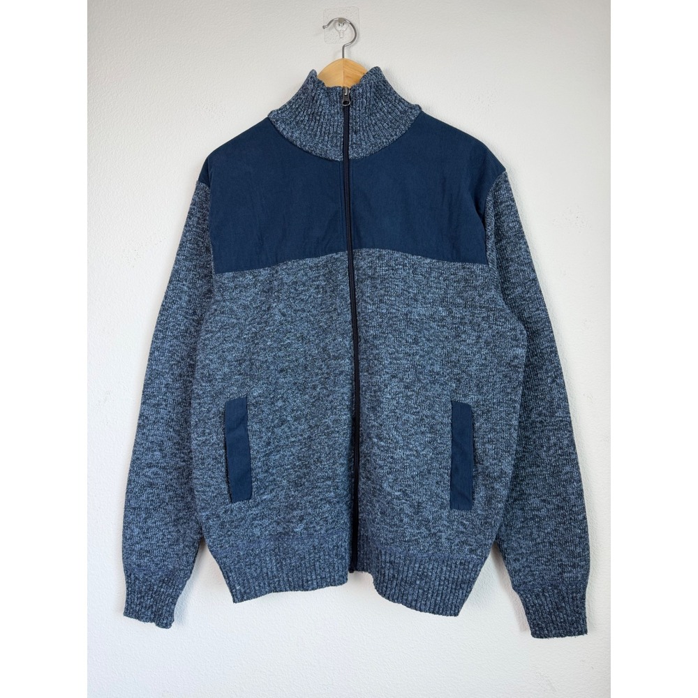 IZOD Mens Fleece Lined Full Zip Sweater L Blue Marled Knit Corduroy Mock Neck